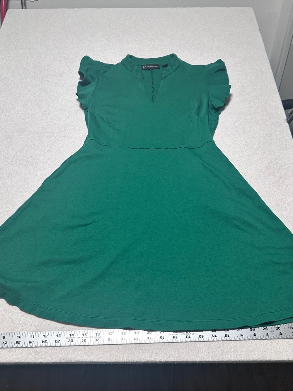 New York & Company Emerald Green Fit-and-Flare Dress with Ruffle Cap Sleeves
